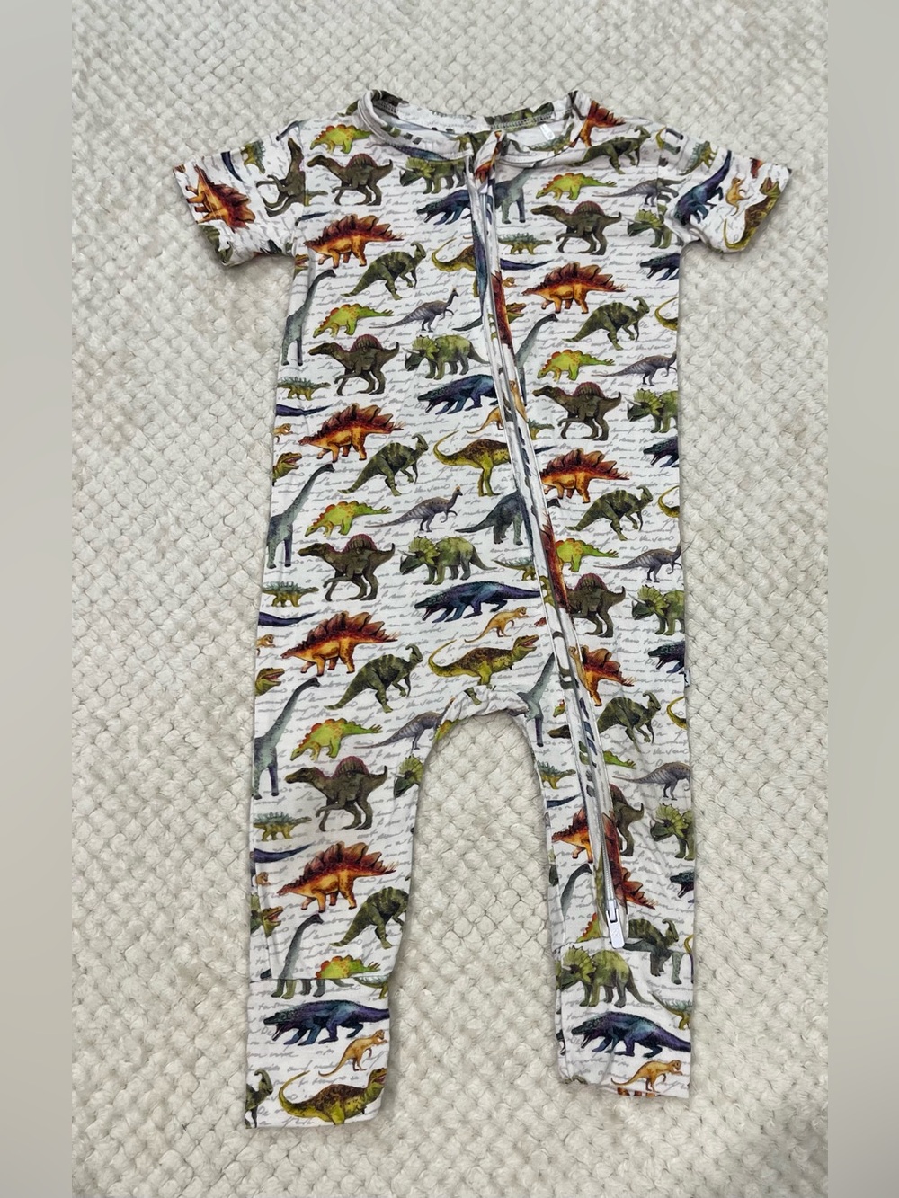 Bums & Roses Dinomite Short Sleeve Romper Cream Multicolor Dinosaur Print 9-12M